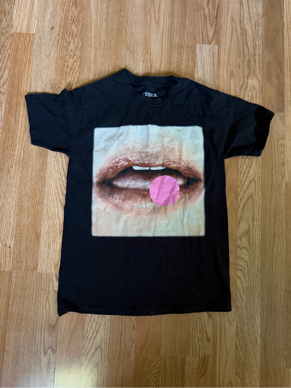 Men's Black Crewneck Tee with Lip Graphic and Pink Accent